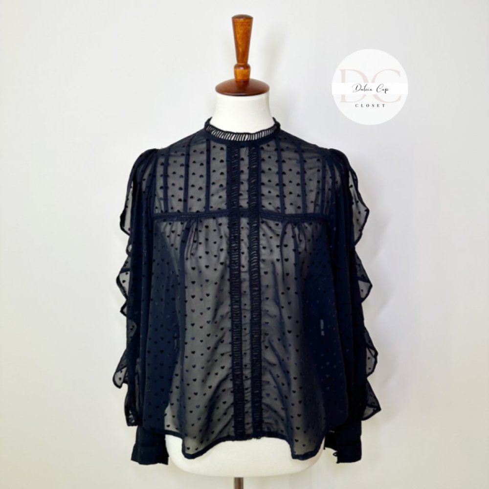 SFERA COLLECTION See Through Black Blouse With Heart Applications Size Small